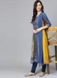 Rain & Rainbow Teal Blue & Mustard Yellow Printed Kurta With Churidar & Dupatta women