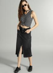 Roadster Black Washed Denim Midi Pencil Skirt women