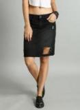 Roadster Black Washed Distressed Denim Skirt Women