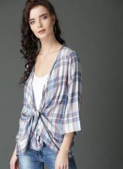 Roadster Blue & White Checked Open Front Shrug women