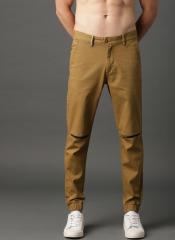 Roadster Khaki Regular Fit Self Design Regular Trouser men