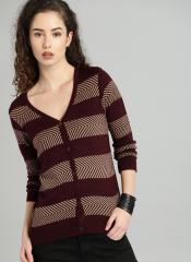 Roadster Maroon & Beige Self Design Cardigan women