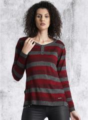 Roadster Maroon Striped Sweater women