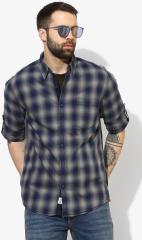 Roadster Navy Blue & Grey Regular Fit Checked Casual Shirt men