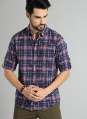 Roadster Navy Blue & Maroon Vettel Regular Fit Checked Casual Shirt men