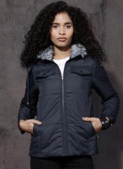 Roadster Navy Blue Self Pattern Winter Jacket women