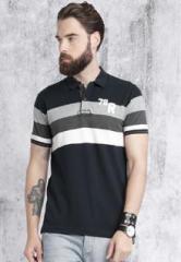 Roadster Navy Blue Striped Regular Fit Polo T Shirt men