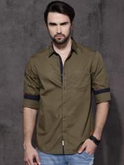 Roadster Olive Green Regular Fit Solid Casual Shirt men