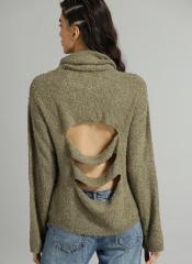 Roadster Olive Green Self Design Styled Back Pollover women