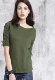 Roadster Olive Green Solid Boat Neck T Shirt Women