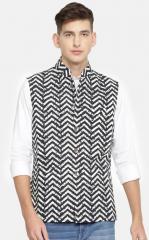 Rohit Bal Limited Men White & Navy Blue Printed Nehru Jacket