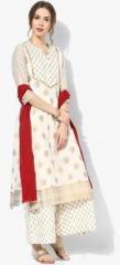 Sangria Band Collar 3/4Th Sleeves Gold Printed Kurta With Printed Kalidar Palazzo And Red Crushed Dupatta men