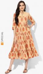 Sangria Beige Mandarin Collar 3/4Th Sleeves Block Printed Tier Anarkali women