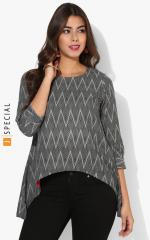 Sangria Black Round Neck Rolled Up Sleeve Geometric Printed Top women