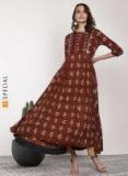 Sangria Kalamkari Mandarin Collar Circular Anarkali With Embroidery Detail And Three Quarter Sleeves Women