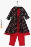 Sangria Kids Band Collar Printed Kurta With Dhori At Front 3/4th Sleeves Teamed With Pants Girls