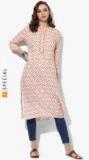 Sangria Off White Printed Mandarin Collar Straight Fit Kurta With 3/4th Sleeves women