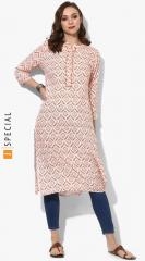 Sangria Off White Printed Mandarin Collar Straight Fit Kurta With 3/4th Sleeves women