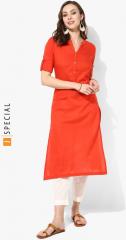 Sangria Orange Mandarin Collar Straight Fit Kurta And 3/4th Sleeves women