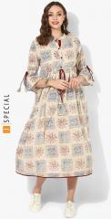 Sangria Printed Mandarin Collar Flared Kurta With Flared 3/4th Sleeves And Tassel Detail women