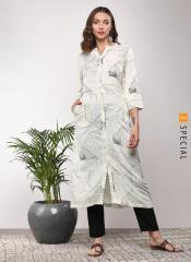 Sangria Printed Mandarin Collar Flared Kurta With Full Button Placket And Three Quarter Sleeves women