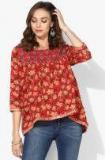 Sangria Printed Round Neck Flared Top With 3/4Th Sleeves Women