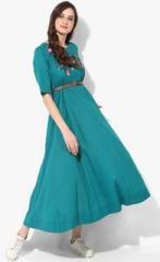 Sangria Round Neck Cotton Dress With Embroidered Yoke And Waist Belt Detail women