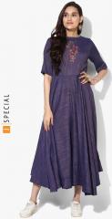 Sangria Round Neck Elbow Sleeves Dress With Embroidered Highlight women