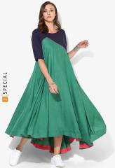 Sangria Round Neck Elbow Sleeves Textured Drapey Color Blocked Dress women