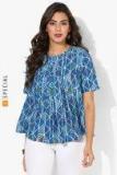 Sangria Round Neck Short Sleeve Geometric Printed Top With Pleated Front Detail Women