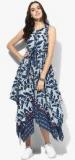 Sangria Round Neck Sleveless Blue Printed Asymmetric Dress With Ribbon Belt women