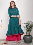 Sangria Teal Woven Design A Line Kurta Women