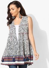 Sangria V Neck Printed Cotton Shrug With Embellished Tassel Detail women