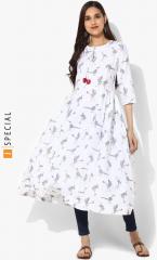 Sangria White Printed Round Neck Flared Kurta With 3/4th Sleeves women