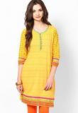 Sangria Yellow Printed Round Neck Thigh High Cotton Kurti With 3/4Th Sleeves Women