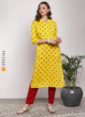 Sangria Yellow Printed Straight Kurta women