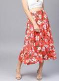 Sassafras Coral Red & Off White Floral Midi Flared Skirt women