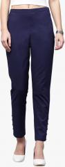 Sassafras Navy Blue Solid Slim Fit Cigarette Trouser women