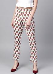 Sassafras Off White & Red Tapered Fit Printed Trousers women