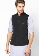 See Designs Black Striped Slim Fit Nehru Jacket men