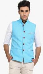 Shaftesbury London Aqua Blue Solid Slim Fit Waistcoat men