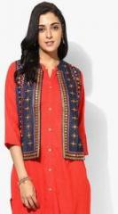 Shree Navy Blue Embroidered Denim Ethnic Jacket women