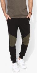 Skult By Shahid Kapoor Black & Olive Green Colourblocked Slim Fit Joggers men