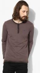 Spykar Brown Solid Slim Fit Henley T Shirt men