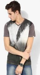 Spykar Grey Printed Regular Fit V Neck T Shirt men