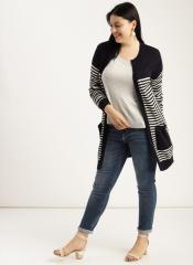 Sztori Navy Blue & White Striped Front Open Longline Sweater women