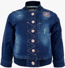 Tales & Stories Blue Self Design Lightweight Denim Jacket girls