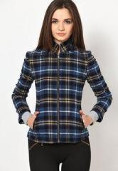 The Vanca Blue Checked Winter Jackets women