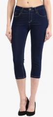 The Vanca Navy Blue Solid Capri women