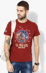 U S Polo Assn Denim Co Maroon Printed Regular Fit Round Neck T Shirt men